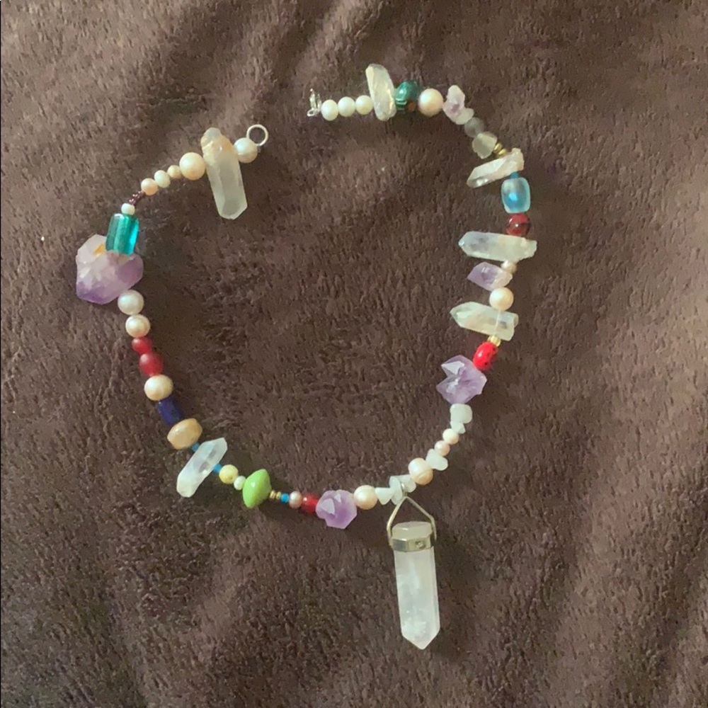 Chunky Gem necklace with rose quartz pendant.